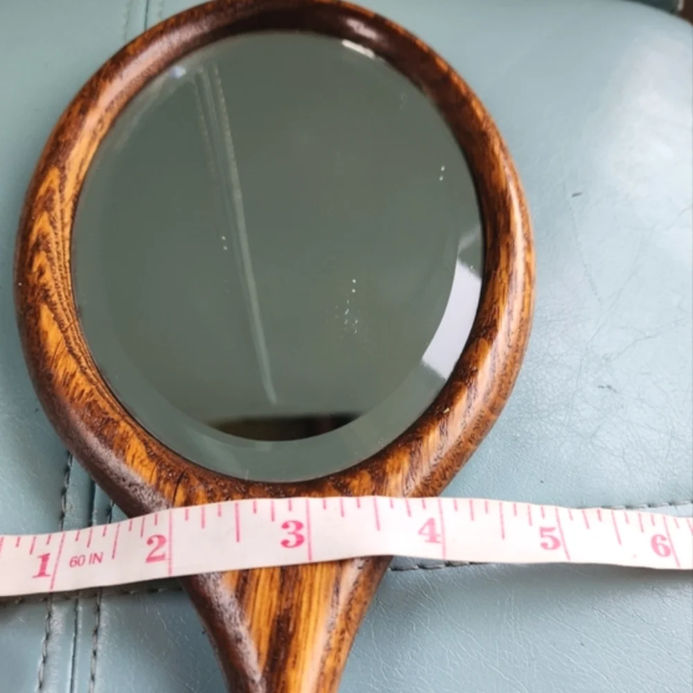 Prairie BEVELED Rich Brown Tiger Wood Oval Handle OOAK Carved Flower Hand Mirror